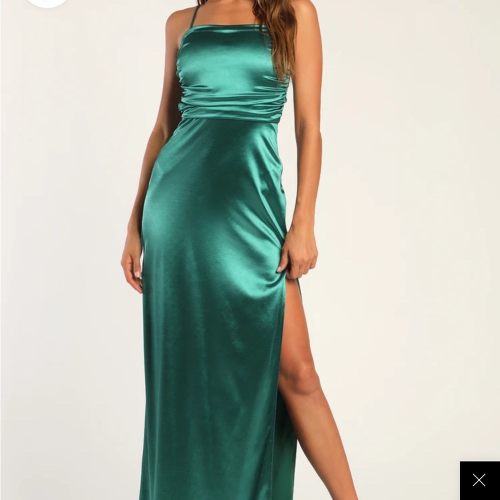 Lulus Teal Green Satin Ruched Cutout Maxi Dress size XS